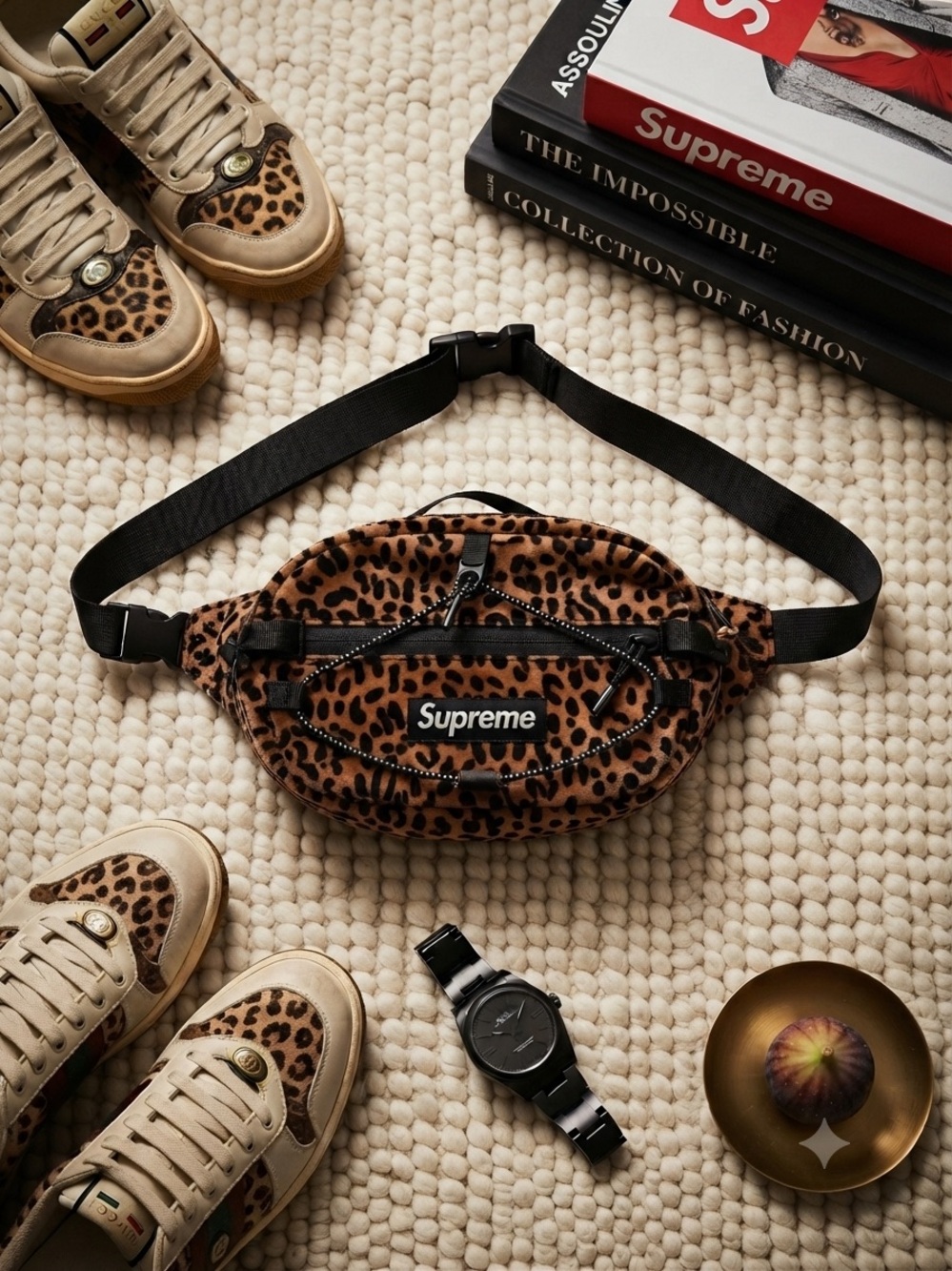 Supreme Leopard Print Waist Bag in Brown with Black Strap